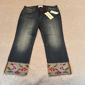 DRIFTWOOD Colette Dark Wash Straight-Leg Jeans with Embroidered Floral Cuffs